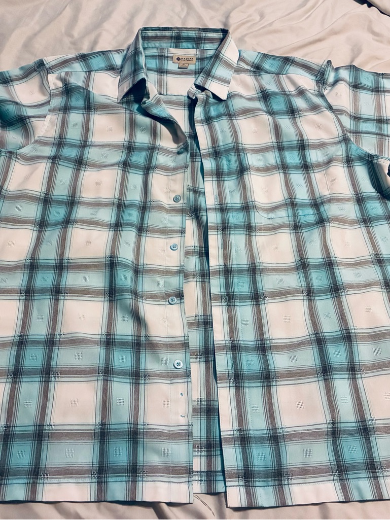 Haggar Teal And White Plaid Button-Down Shirt